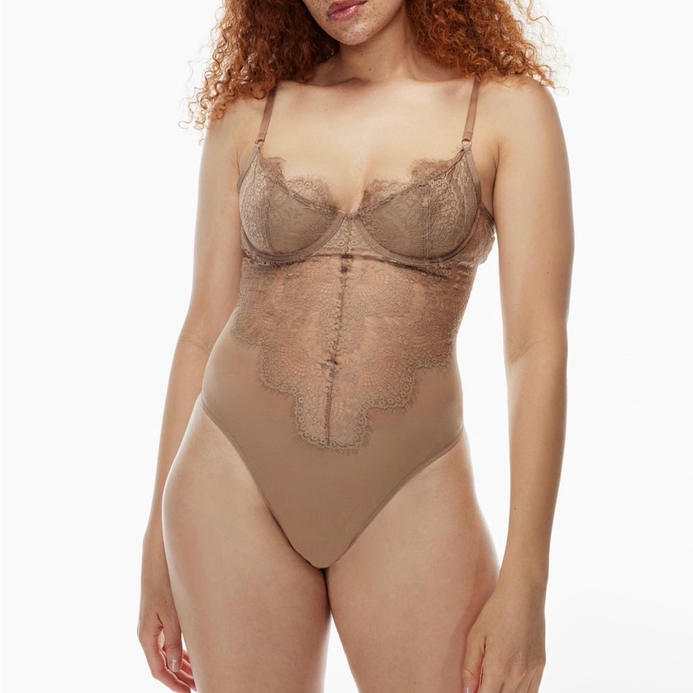Babaton Aritzia Beige Brown Lace Bodysuit Feminine Coquette Sheer